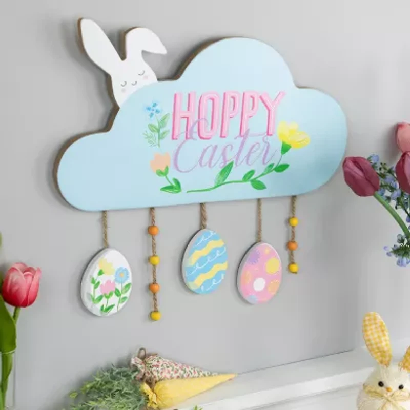 Northlight 16" Hoppy Wooden  With Bunny And Eggs Wall Sign