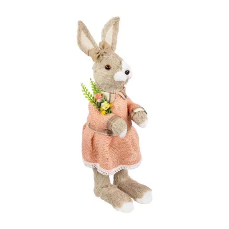 Northlight 15" Beige Rustic Girl Rabbit With Flowers Easter Figurine