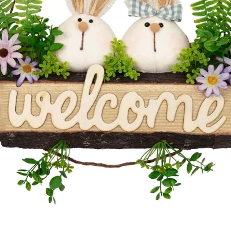 Northlight 16" Rabbit Couple Floral Welcome Hanging Decor