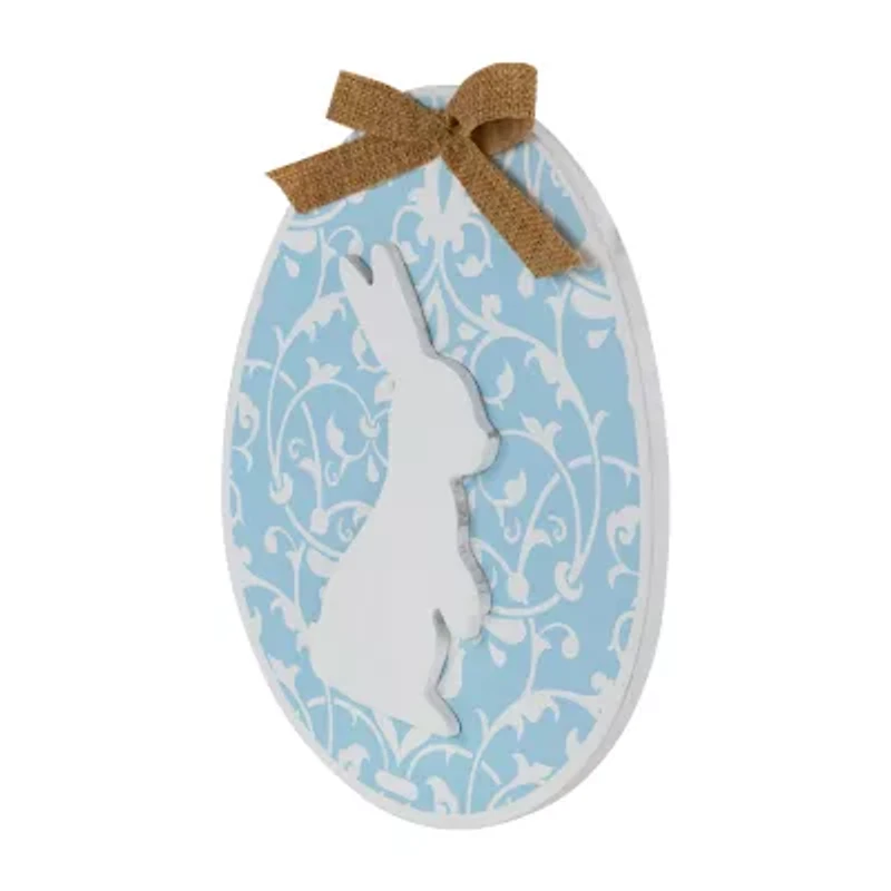 Northlight 10" Blue Egg With Bunny And Burlap Bow Wooden Wall Sign
