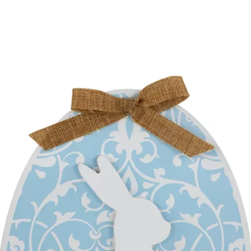 Northlight 10" Blue Egg With Bunny And Burlap Bow Wooden Wall Sign
