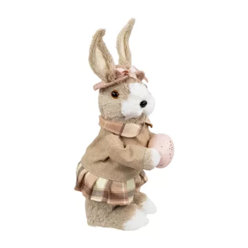 Northlight 12" Beige Girl Rabbit With Plaid Dress Easter Figurine