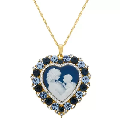 Womens Simulated Blue Crystal 14K Gold Over Silver Cameo Heart 18 Inch Pendant Necklace