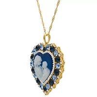 Womens Simulated Blue Crystal 14K Gold Over Silver Cameo Heart 18 Inch Pendant Necklace