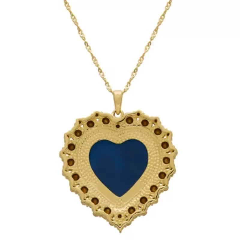 Womens Simulated Blue Crystal 14K Gold Over Silver Cameo Heart 18 Inch Pendant Necklace