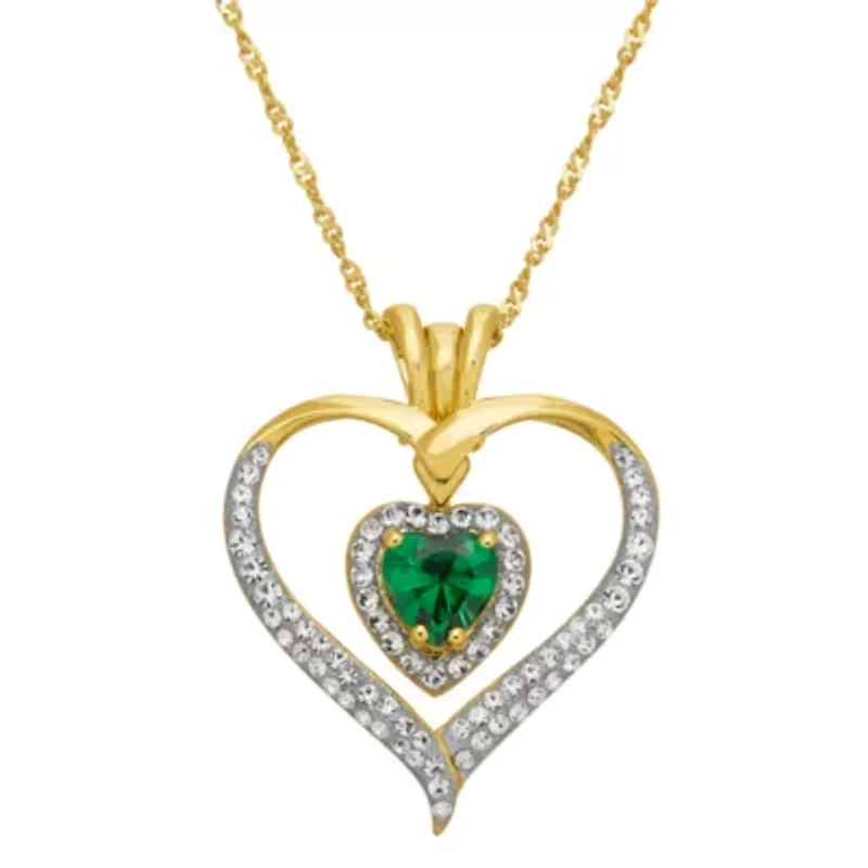 Womens Green Cubic Zirconia 14K Gold Over Silver Heart 18 Inch Pendant Necklace