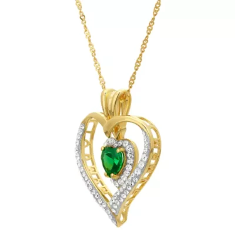 Womens Green Cubic Zirconia 14K Gold Over Silver Heart 18 Inch Pendant Necklace