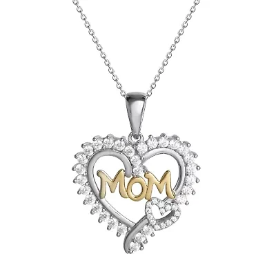 DiamonArt® "Mom" Womens 1 1/5 CT. T.W. White Cubic Zirconia 14K Gold Over Silver Heart Pendant Necklace"