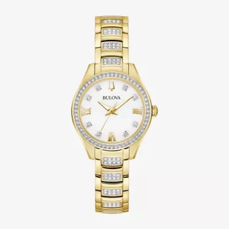 Bulova Crystal Womens Crystal Accent Gold Tone Stainless Steel Bracelet Watch 98l306