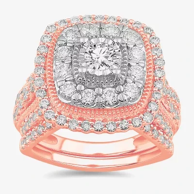 (G-H / Si1-Si2) Womens 2 CT. T.W. Lab Grown White Diamond 10K Gold Cushion Side Stone Bridal Set