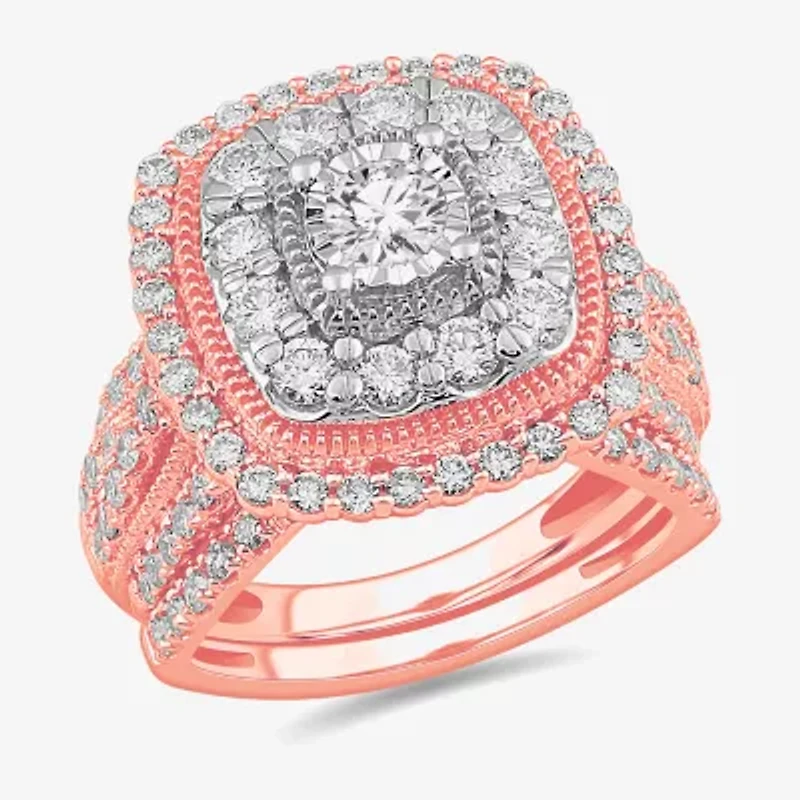 (G-H / Si1-Si2) Womens 2 CT. T.W. Lab Grown White Diamond 10K Gold Cushion Side Stone Bridal Set