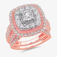 (G-H / Si1-Si2) Womens 2 CT. T.W. Lab Grown White Diamond 10K Gold Cushion Side Stone Bridal Set