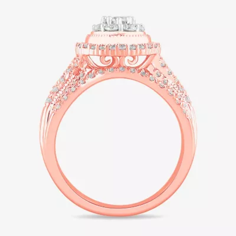 (G-H / SI1-SI2) Womens 1 CT. T.W. Lab Grown Diamond Pear Shape Halo Bridal Set 10K Gold