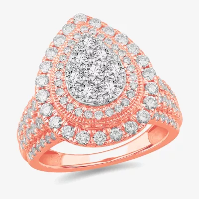 (G-H / Si1-Si2) Womens 2 CT. T.W. Lab Grown White Diamond 10K Gold Pear Side Stone Engagement Ring