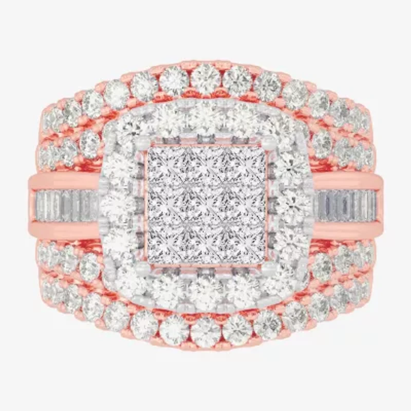 Womens 3 CT.T.W. Natural Diamond 10K Gold Cushion Side Stone Engagement Ring