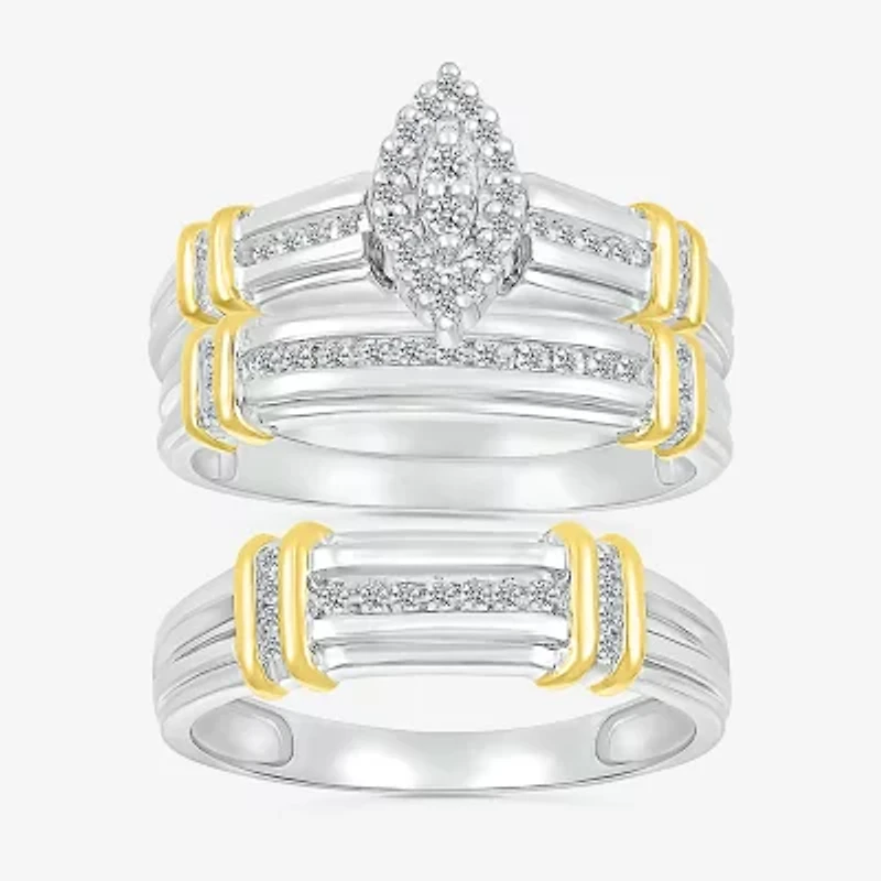 5.10mm Unisex Adult 1/4 CT. T.W. Natural White Diamond 10K Two Tone Gold Marquise Halo Side Stone Ring Set