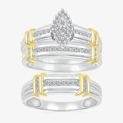 5.10mm Unisex Adult 1/4 CT. T.W. Natural White Diamond 10K Two Tone Gold Marquise Halo Side Stone Ring Set