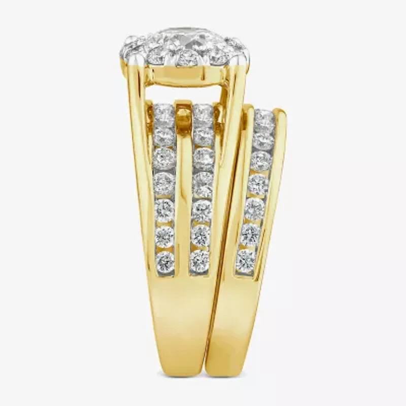 (G / Si1-Si2) Womens 3 CT. T.W. Lab Grown White Diamond 10K Gold Round Side Stone Halo Bridal Set