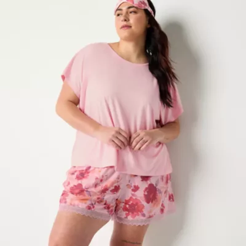 Ambrielle Womens Crew Neck Short Sleeve 3-pc. Plus Pajama Sets