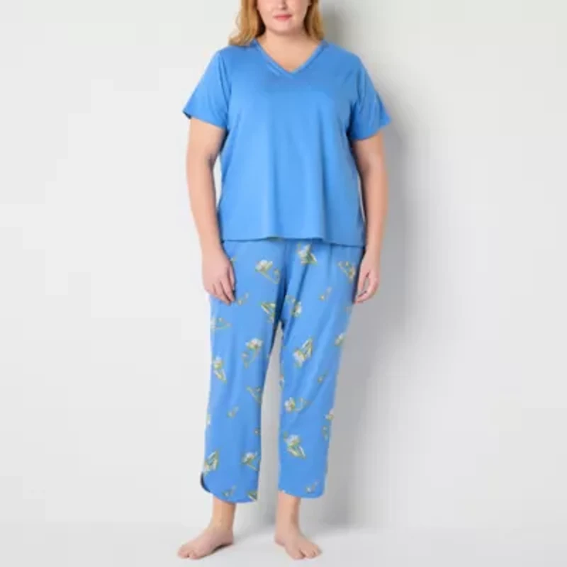 Liz Claiborne Womens V-Neck Short Sleeve 2-pc. Plus Pajama Sets