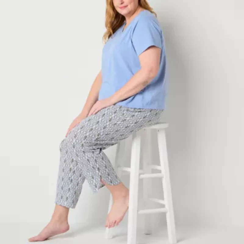 Liz Claiborne Womens V-Neck Short Sleeve 2-pc. Plus Pajama Sets