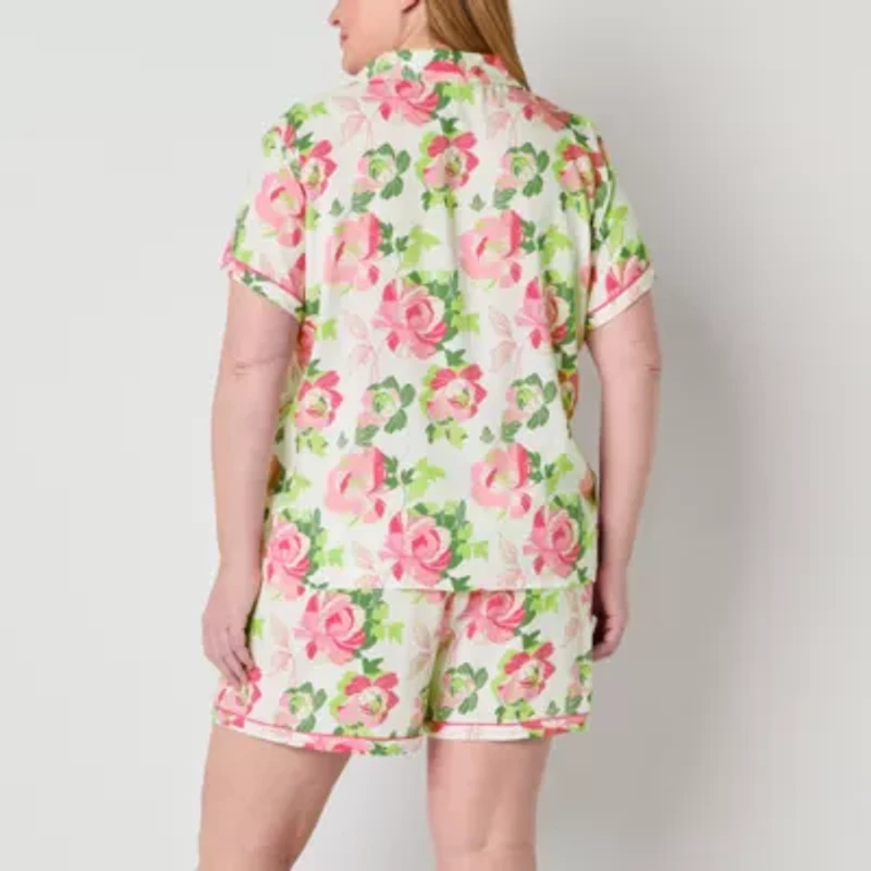 Liz Claiborne Womens Poplin Short Sleeve 2-pc. Plus Pajama Sets