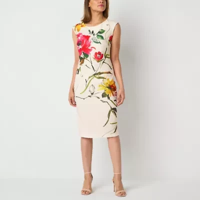Brianna Milay Womens Sleeveless Midi Floral Sheath Dress