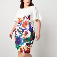 Maya Brooke Womens Plus Short Sleeve Midi Floral Sheath Dress