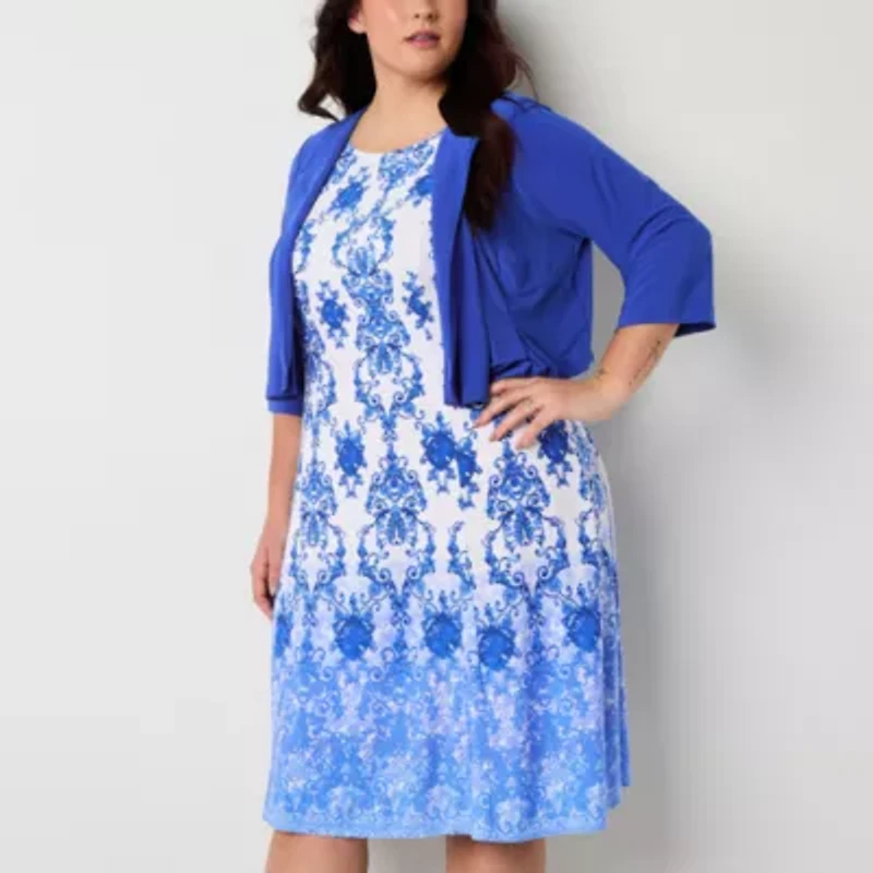 Danny & Nicole Womens Damask Jacket Dress Plus