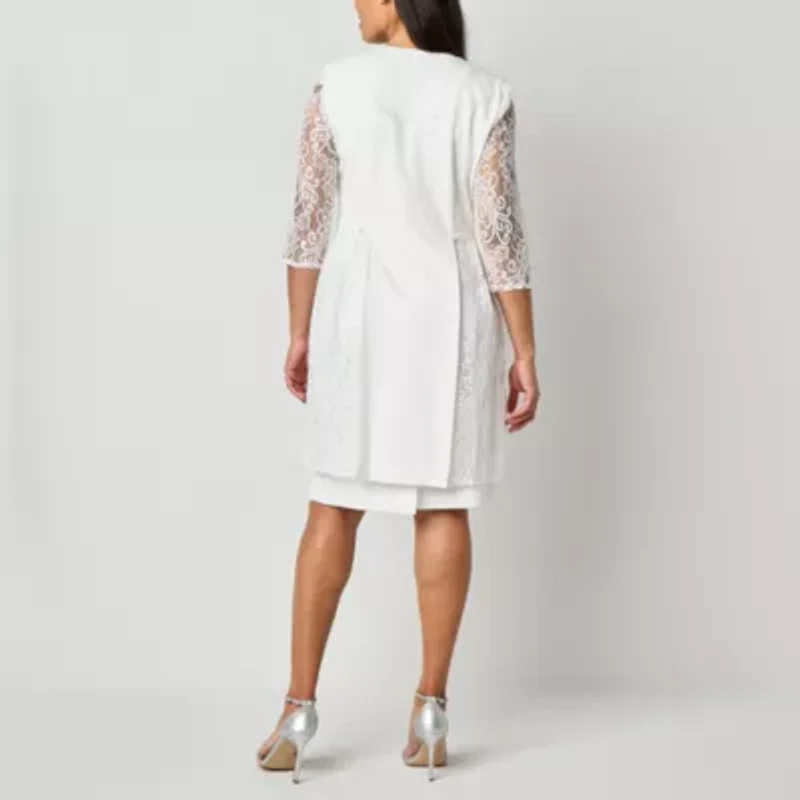Maya Brooke Womens Lace Pearl Trim Jacket Dress