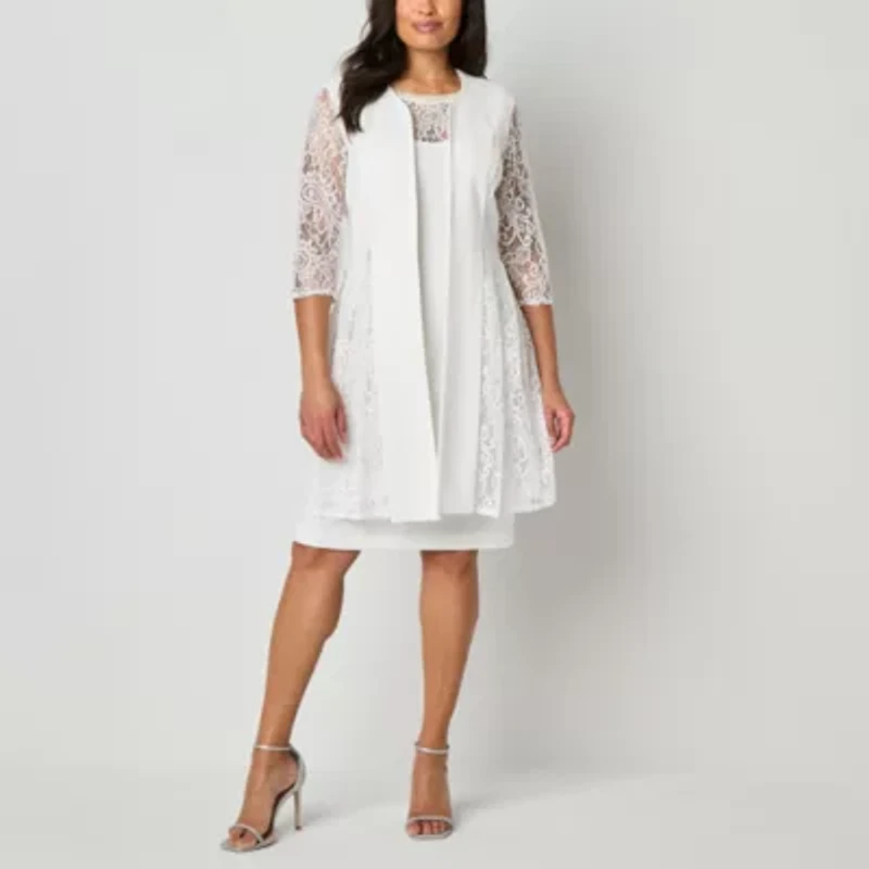 Maya Brooke Womens Lace Pearl Trim Jacket Dress