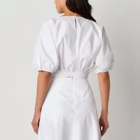 Worthington Womens Round Neck 3/4 Sleeve Satin Blouse