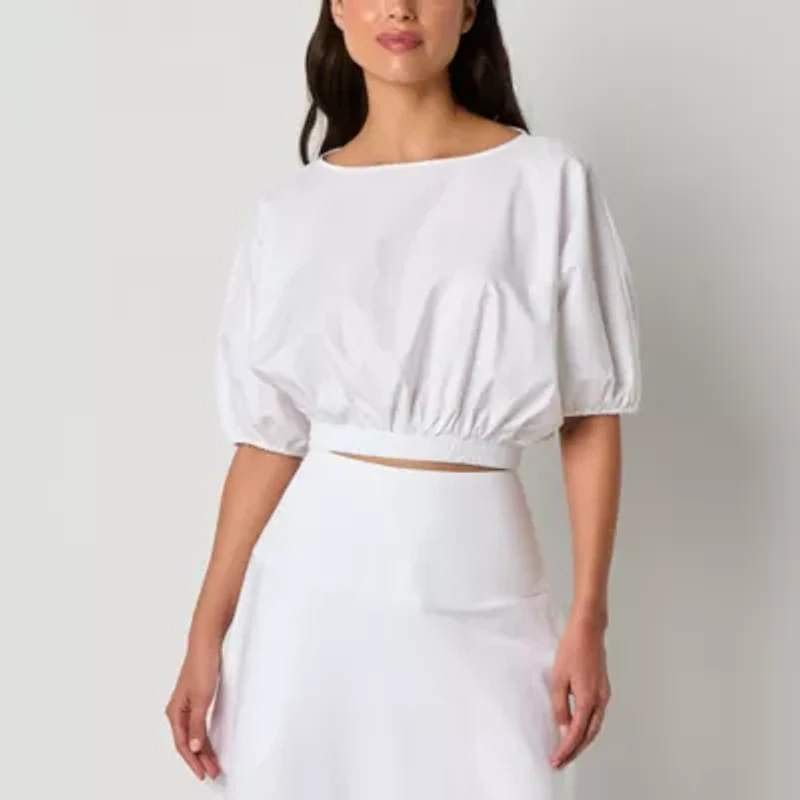 Worthington Womens Round Neck 3/4 Sleeve Satin Blouse