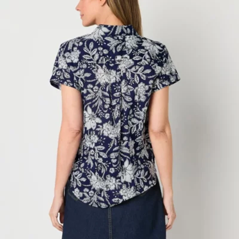 St. John's Bay Womens Easy-on + Easy-off Hidden Access Opening Short Sleeve Roll Regular Fit Button-Down Shirt
