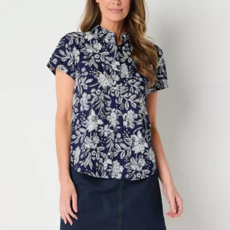 St. John's Bay Womens Easy-on + Easy-off Hidden Access Opening Short Sleeve Roll Regular Fit Button-Down Shirt