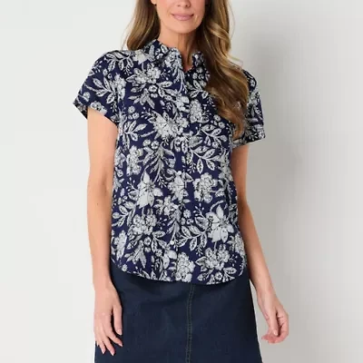 St. John's Bay Womens Easy-on + Easy-off Hidden Access Opening Short Sleeve Roll Regular Fit Button-Down Shirt