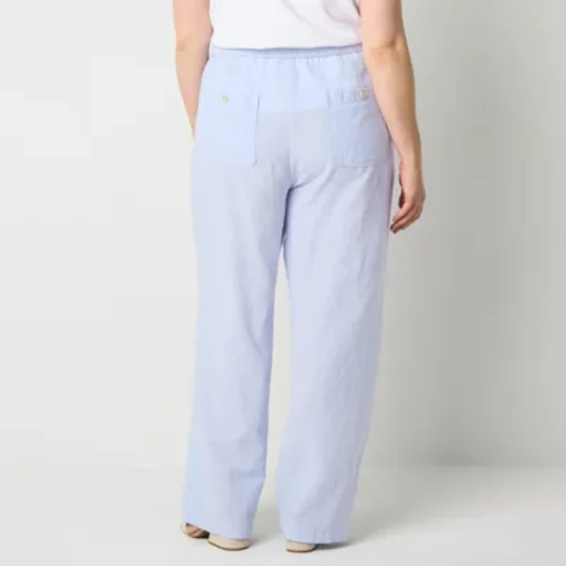 Liz Claiborne Linen Womens Wide Leg Mid Rise Plus Drawstring Pant