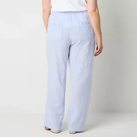 Liz Claiborne Linen Womens Wide Leg Mid Rise Loose Fit Plus Drawstring Pant