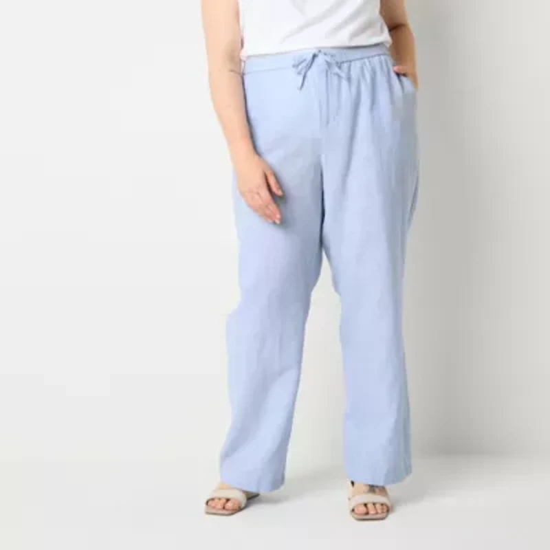 Liz Claiborne Linen Womens Wide Leg Mid Rise Loose Fit Plus Drawstring Pant