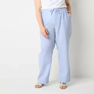 Liz Claiborne Linen Womens Wide Leg Mid Rise Loose Fit Plus Drawstring Pant