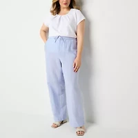 Liz Claiborne Linen Womens Wide Leg Mid Rise Loose Fit Plus Drawstring Pant