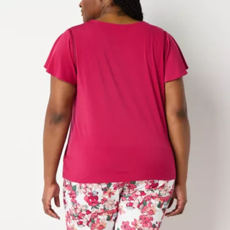 Liz Claiborne Womens Plus V Neck Short Sleeve Blouse
