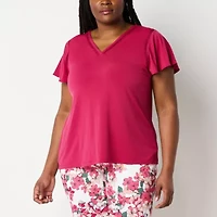 Liz Claiborne Womens Plus V Neck Short Sleeve Blouse