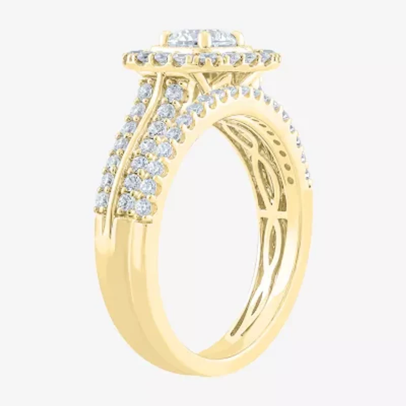 (F /Vs2) Unisex Adult 1 1/2 CT. T.W. Lab Grown White Diamond 10K Gold Side Stone Wedding Bridal Set