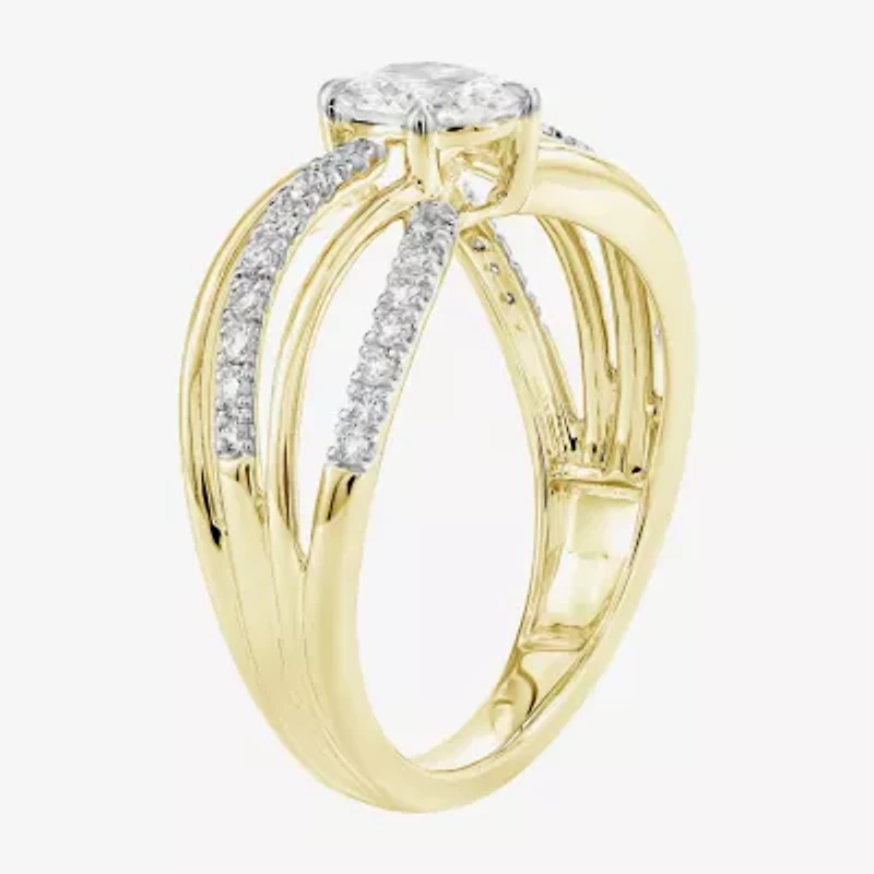 (F / Si2) Womens 1 CT. T.W. Lab Grown White Diamond 10K Gold Round Crossover Side Stone Cocktail Ring