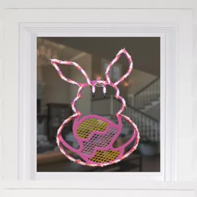 Northlight 17" Lighted Pink Bunny With Egg Window Easter Window Decor