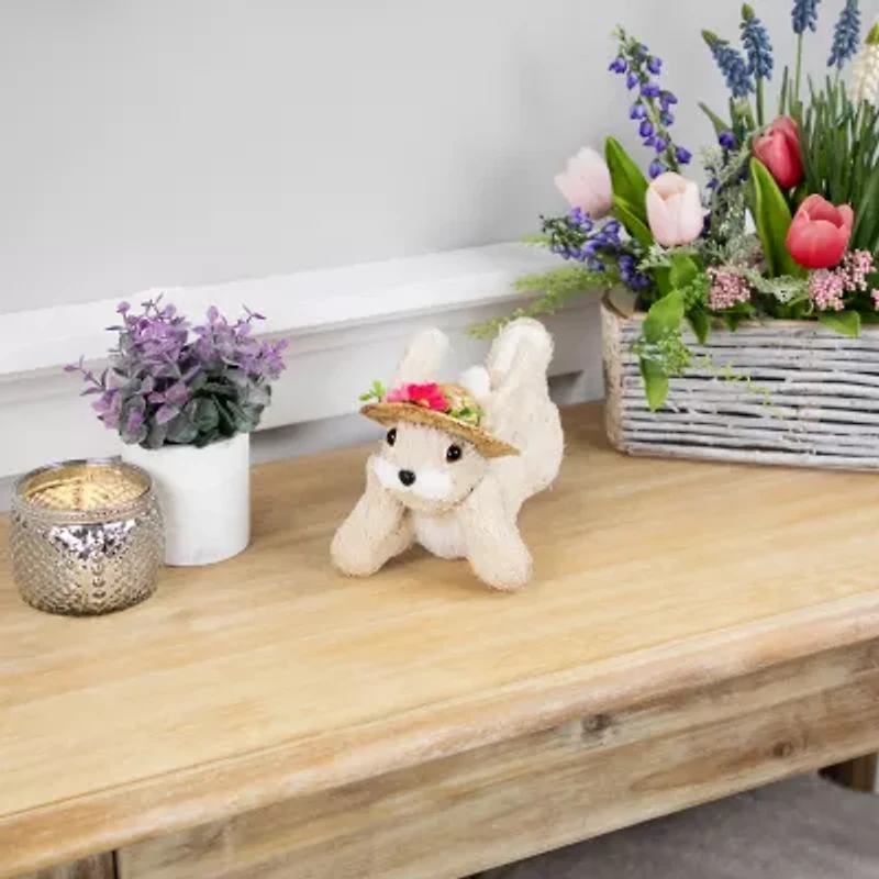 Northlight 9" Beige Rabbit With Floral Straw Hat Easter Figurine