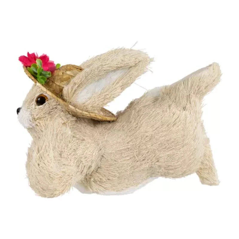 Northlight 9" Beige Rabbit With Floral Straw Hat Easter Figurine