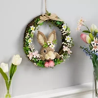 Northlight 11" Green And Pink Spring Floral With Peering Rabbit Wreath