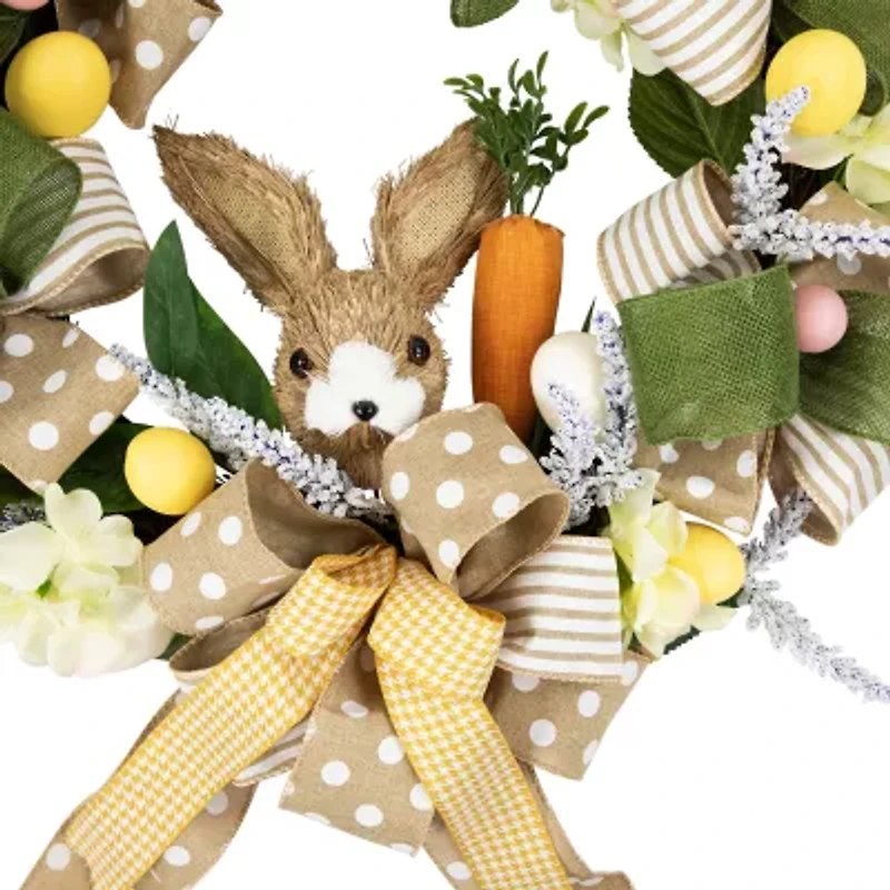 Northlight 22" Green And Beige Bunny And Bows Floral Unlit Wreath